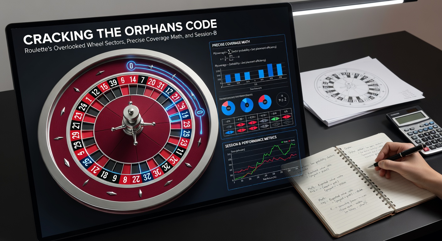 Grafiek met wiskundige dekkingsberekeningen voor orphans bets, tonen procenten coverage, hit rates en variantie-curves op een Europees roulettewiel
