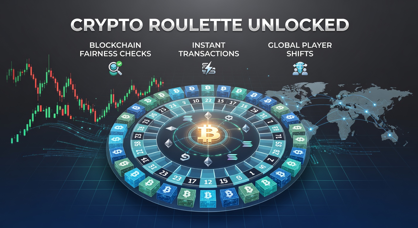 Digitale roulettewiel met blockchain-symbolen en crypto-munten die instant transacties illustreren