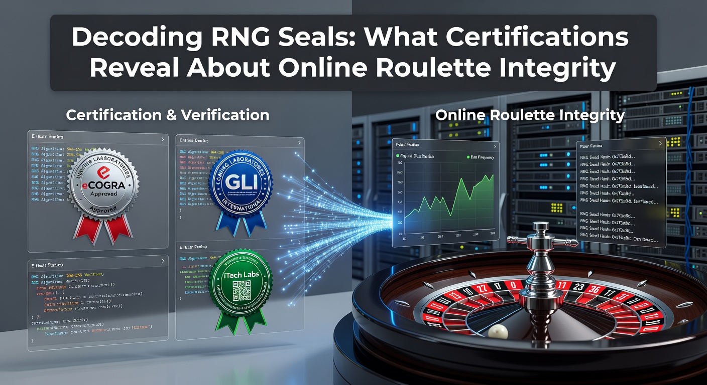 Close-up van diverse RNG-seals en certificeringslogo's, met details over testmethoden en geldigheidsdata die de transparantie van online casino-software onderstrepen