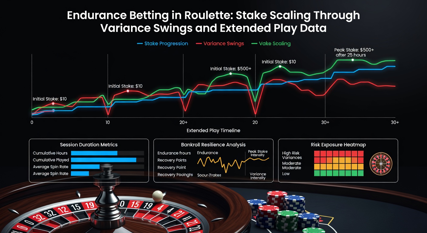 Voorbeeldgrafiek van stake scaling in een endurance sessie, met op- en neergaande lijnen die variantie illustreren