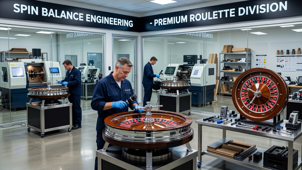 Binnen een gespecialiseerde werkplaats worden roulettewielen met precisie-instrumenten gebalanceerd voor optimale spin