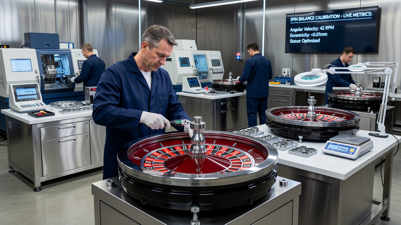 Technici voeren laser-metingen uit op een roulettewiel om de spinbalans te valideren tijdens de kwaliteitscontrole