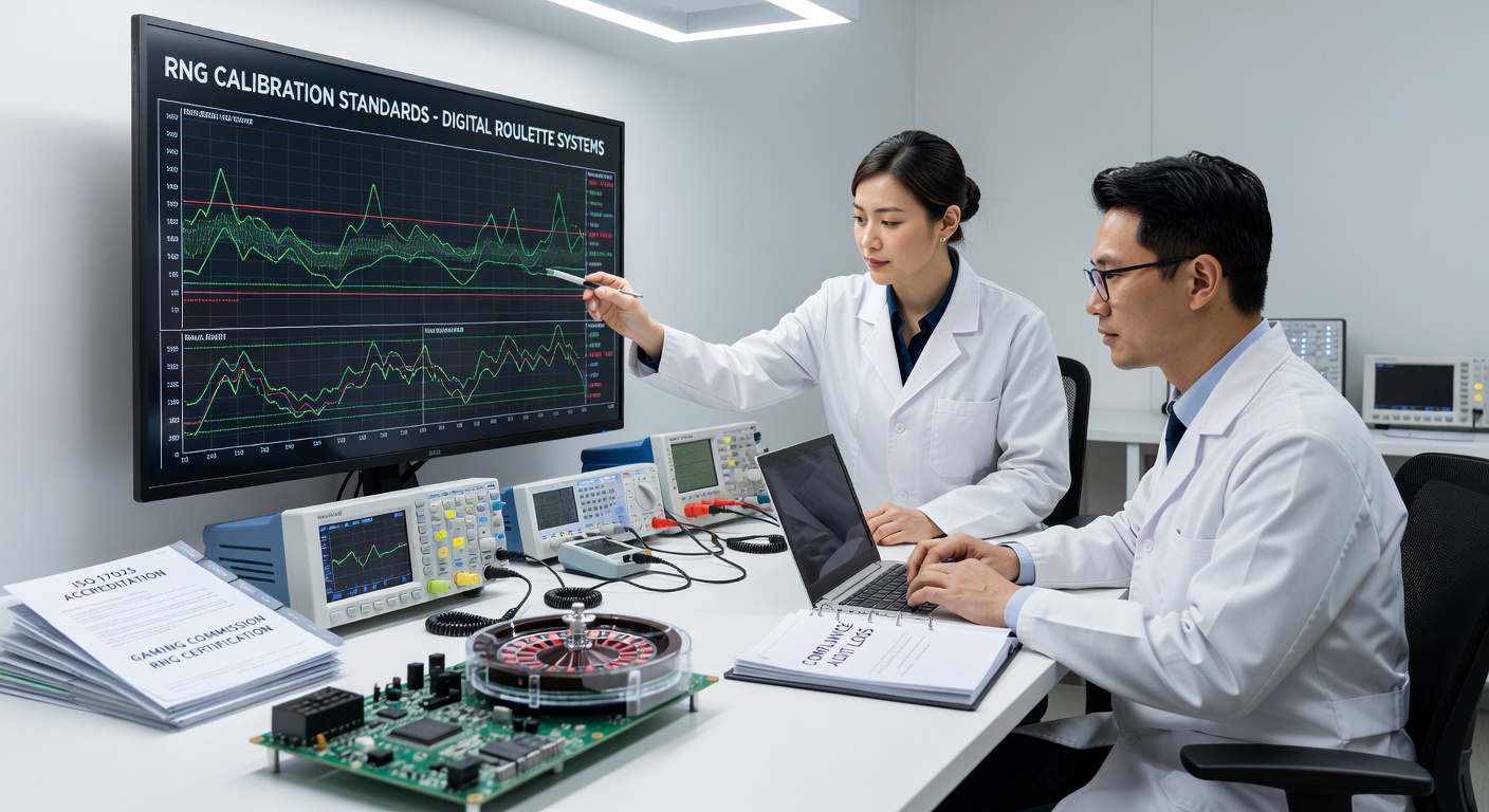 Compliance-testopstelling met RNG-analysetools en meetgegevens in een digitaal roulettelab