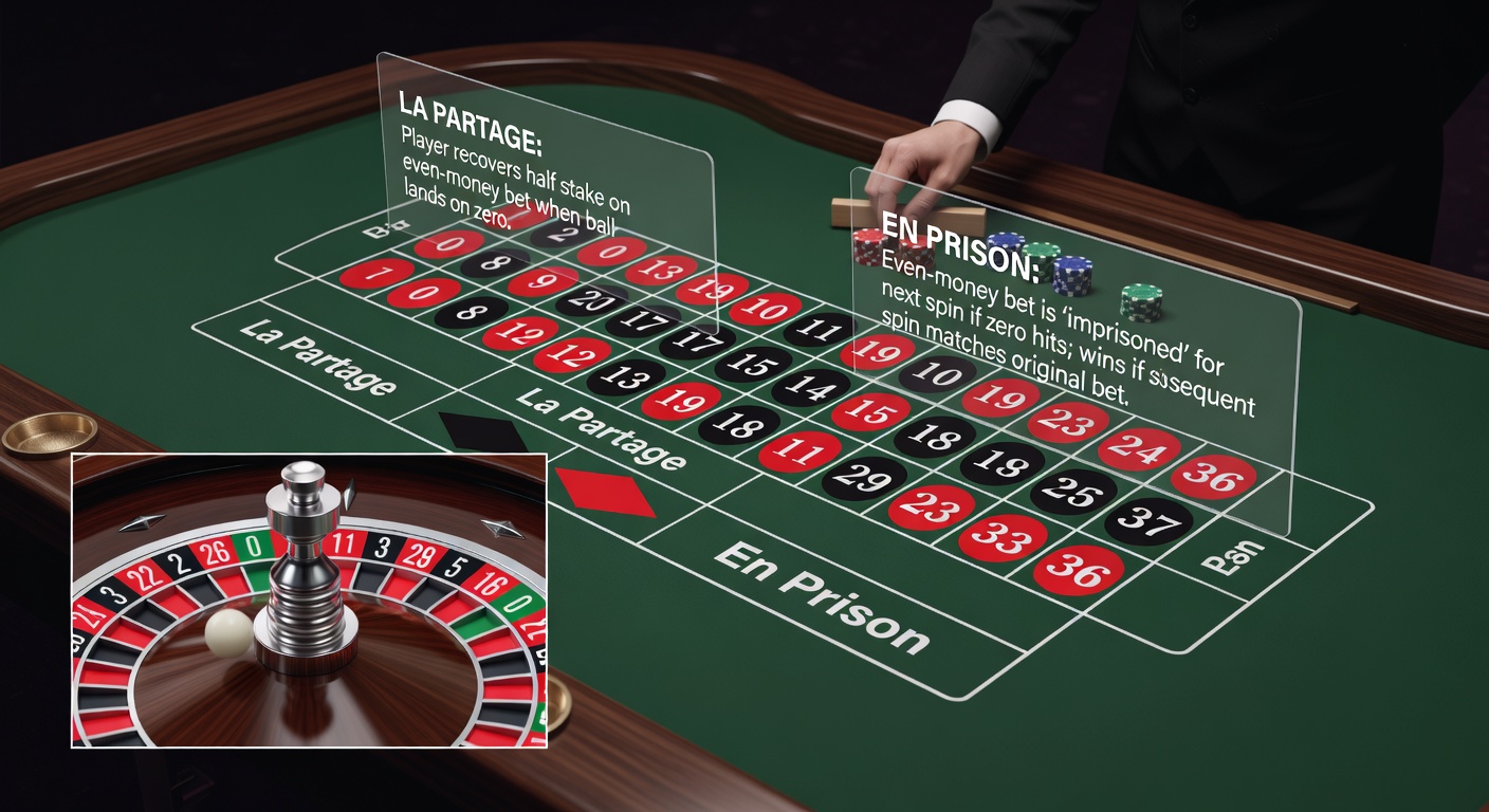 Live dealer bij Franse roulette toont En Prison regel op een digitaal scherm tijdens een 0-uitslag