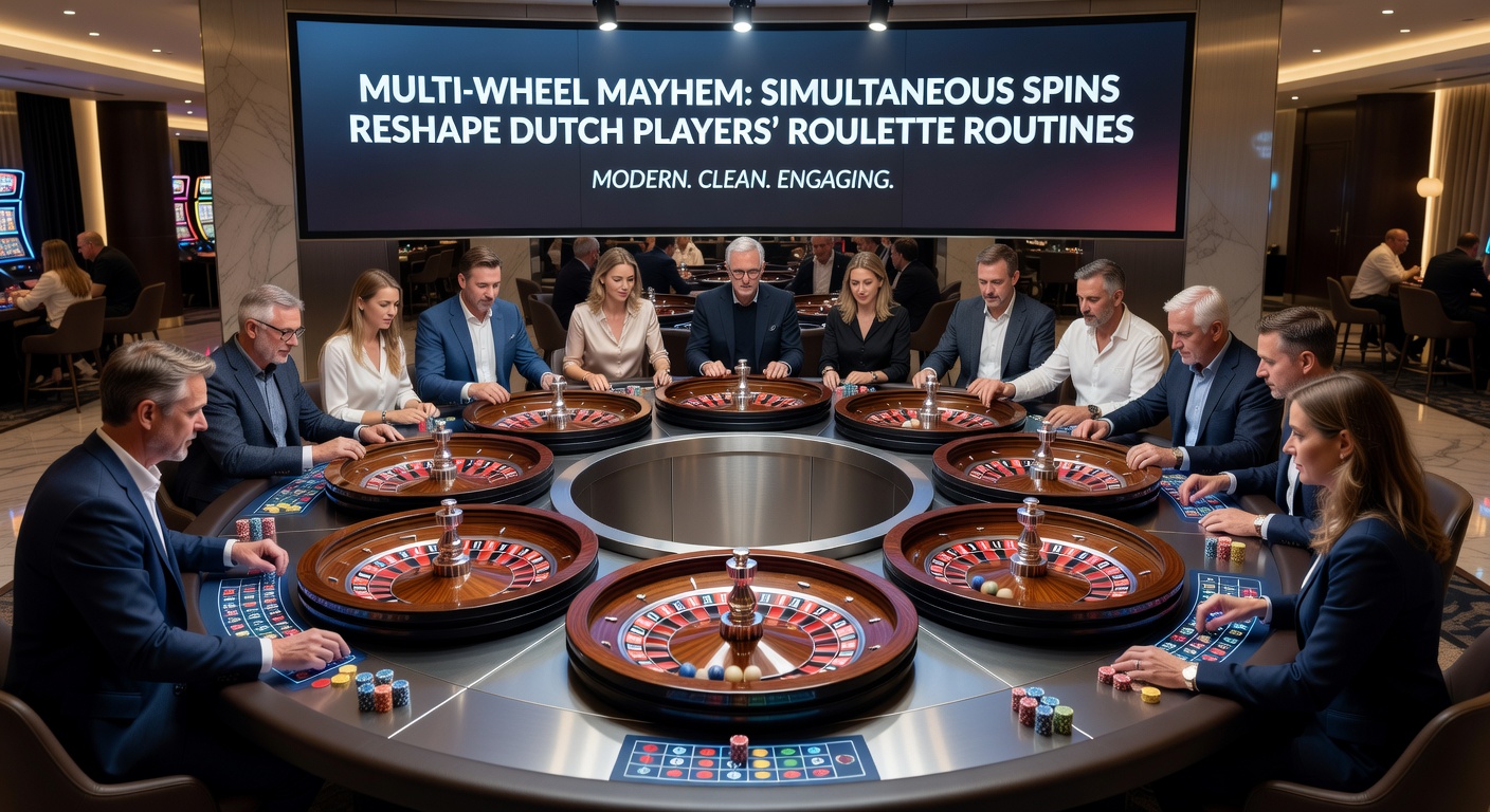 Nederlandse roulette spelers turen naar een bank van acht wielen in actie, met live chat bubbels en real-time stats die de frenzy illustreren