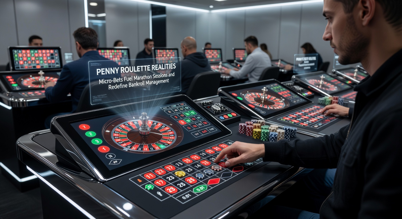 Speler plaatst micro-inzet op penny roulette tafel met focus op lage chips en langdurige sessie-indicatie