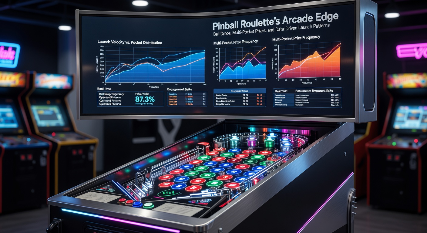 Close-up van multi-pocket prijzen in Pinball Roulette, met belichte multipliers en jackpot-symbolen in de pinball-arena