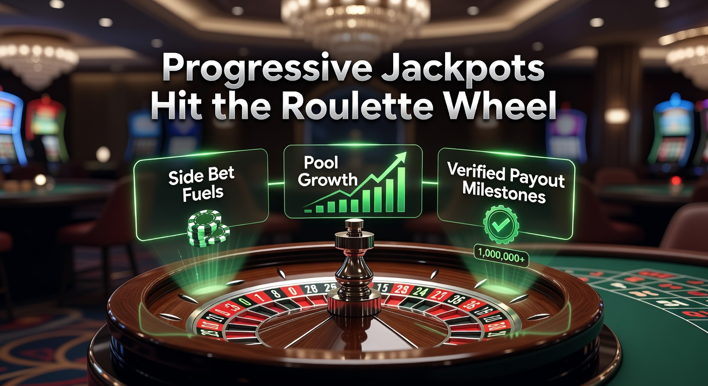 Afbeelding van een bruisende roulette tafel met een groeiende progressive jackpot teller op een digitaal scherm, spelers vol spanning toekijkend terwijl de bal rolt