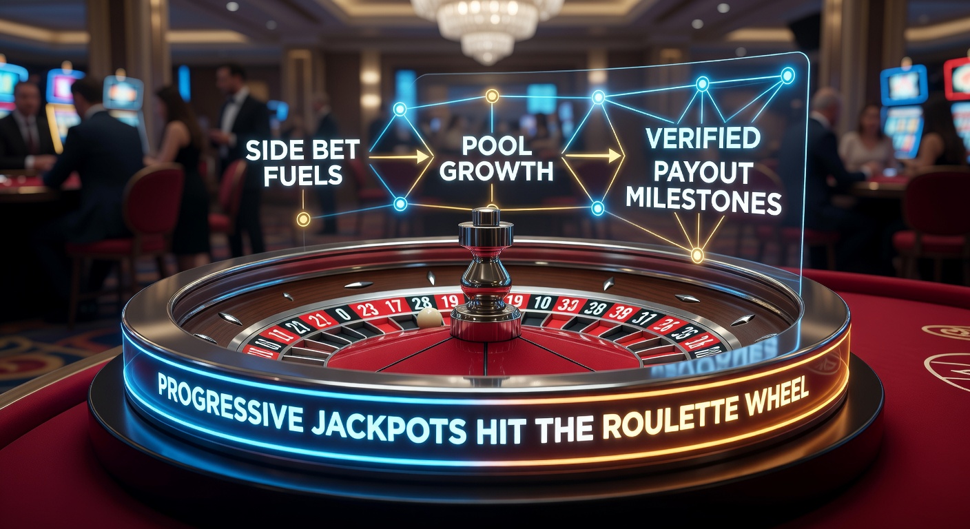 Grafiek met stijgende lijn van jackpot poolgroei over tijd, met pieken in 2026 en screenshots van live tafels met meters die €1 miljoen overschrijden