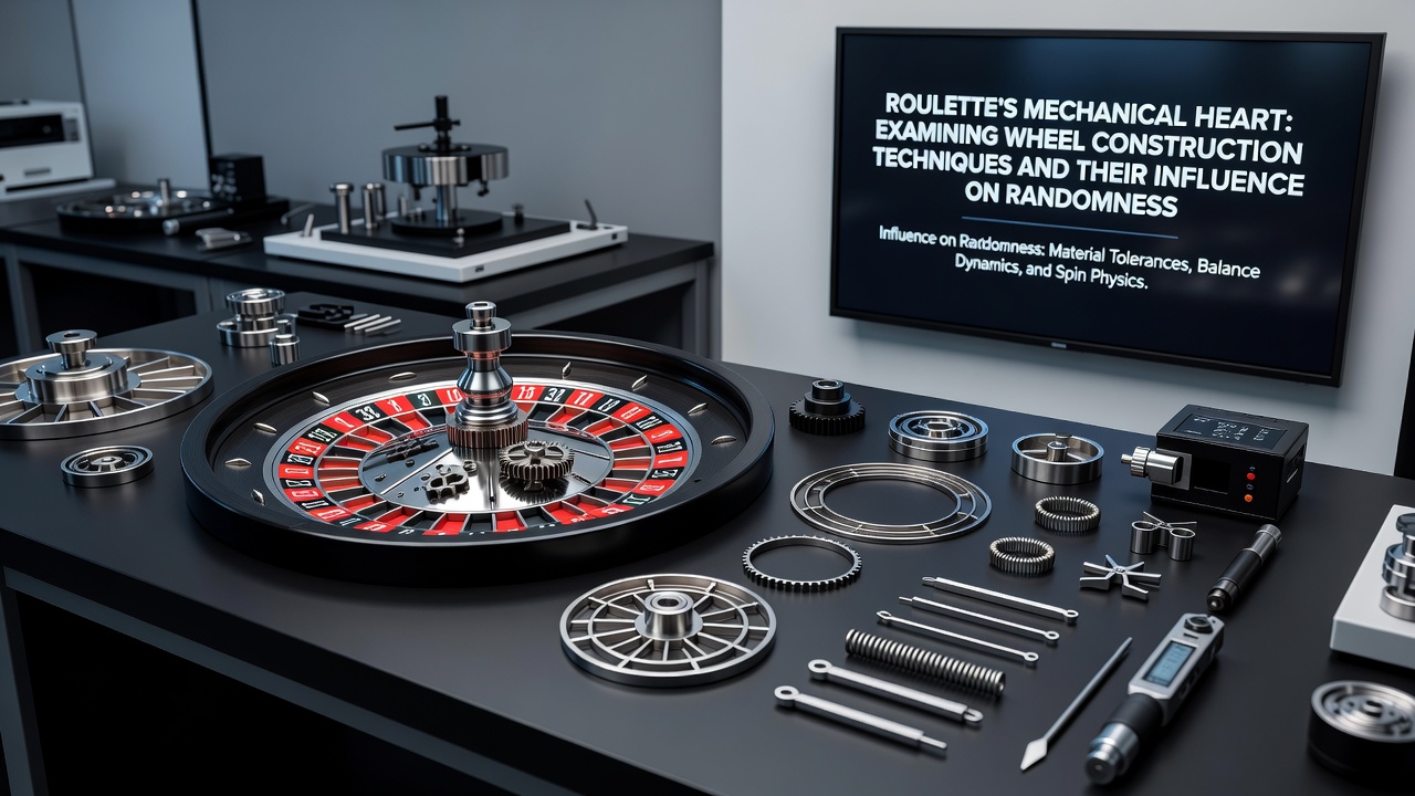 Technische tekening van een roulettewiel met annotaties over pocketconstructie en rotorbalans