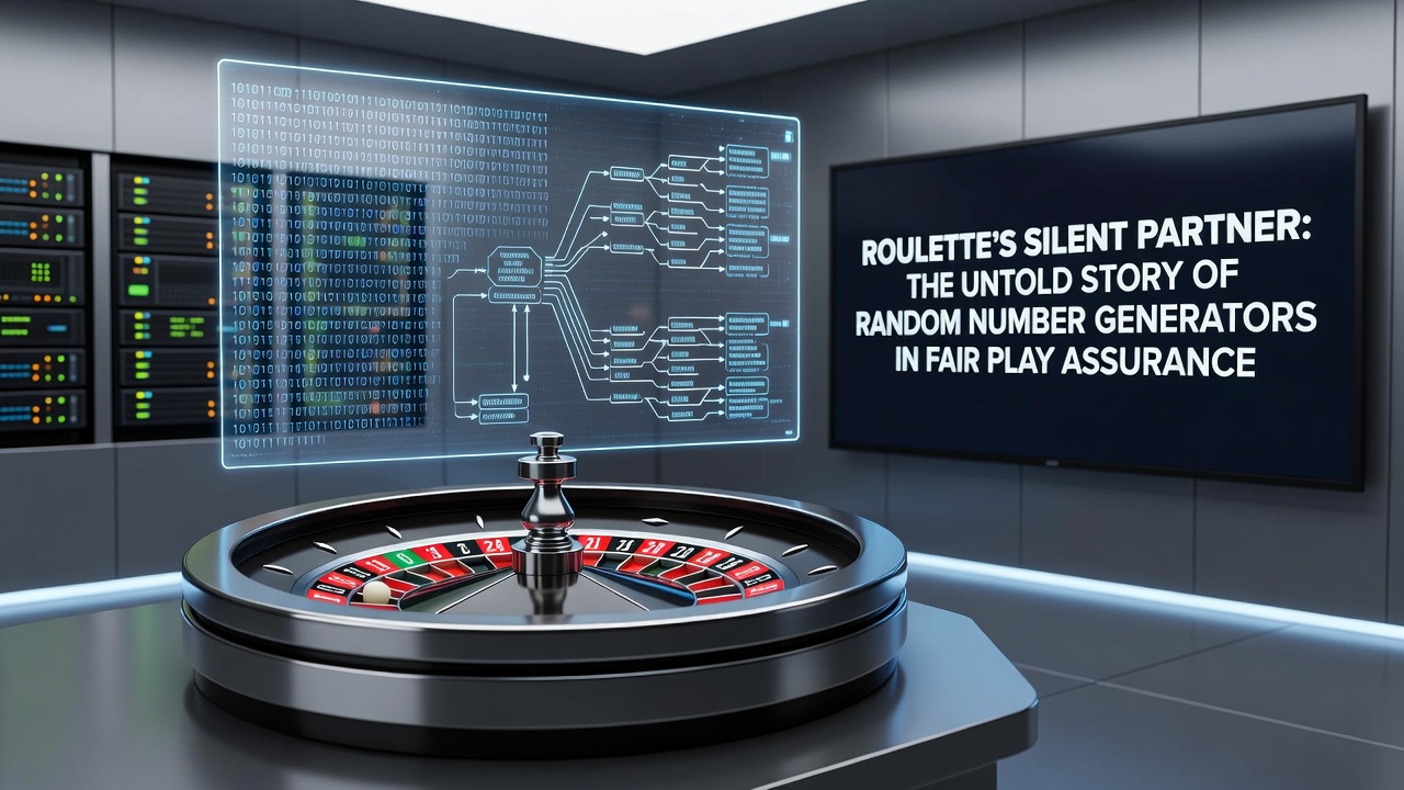 Illustratie van een digitaal roulettewiel met abstracte weergave van random number generators en datastromen