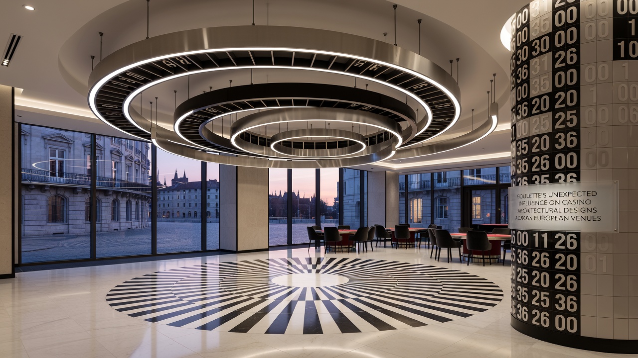 Moderne Europese casino zaal met centrale roulette tafel en strategisch ontworpen zitplaatsen en verlichting