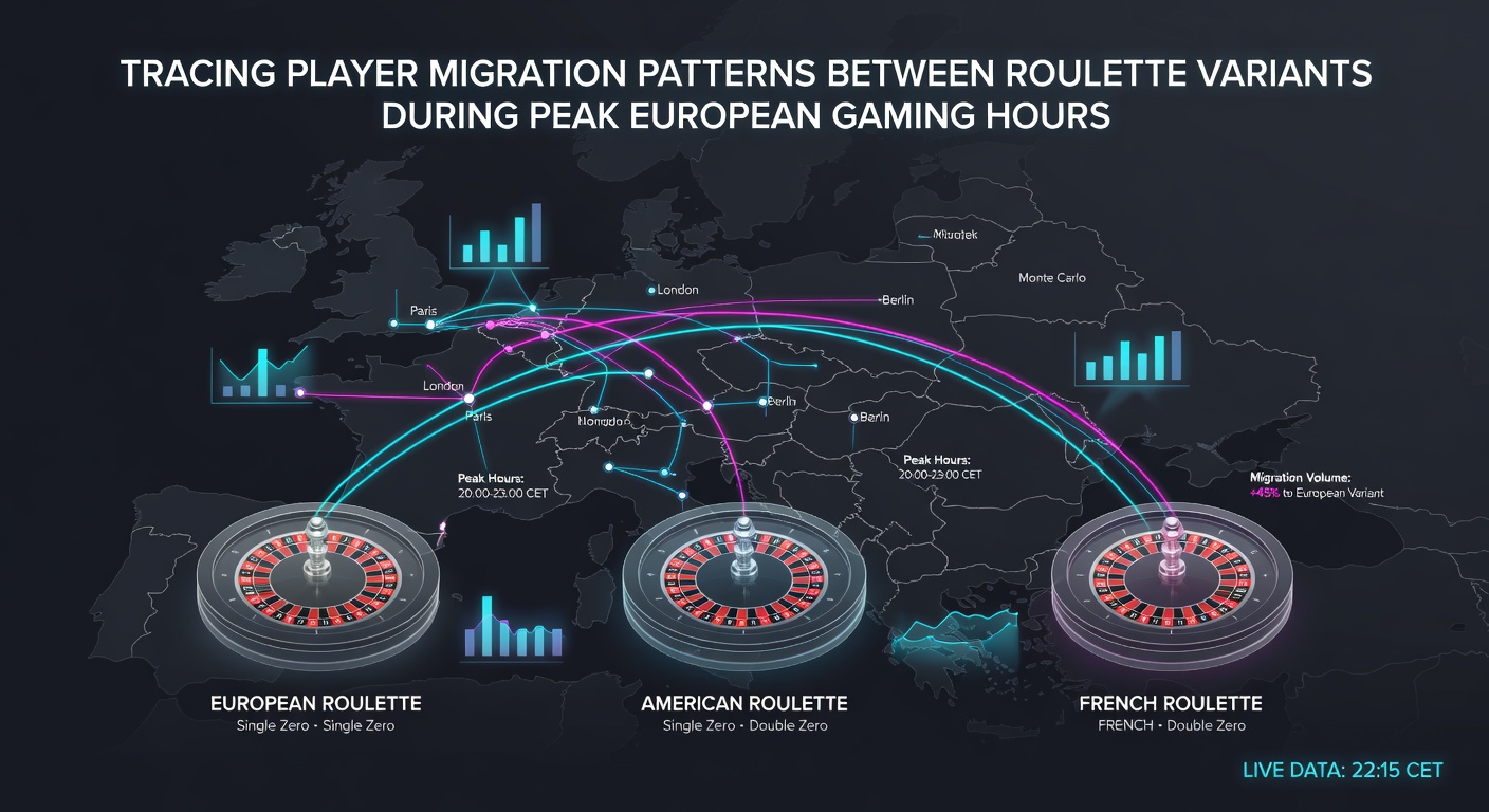 Spelers aan roulette tafels tijdens drukke Europese avonduren met zichtbare migratie tussen varianten
