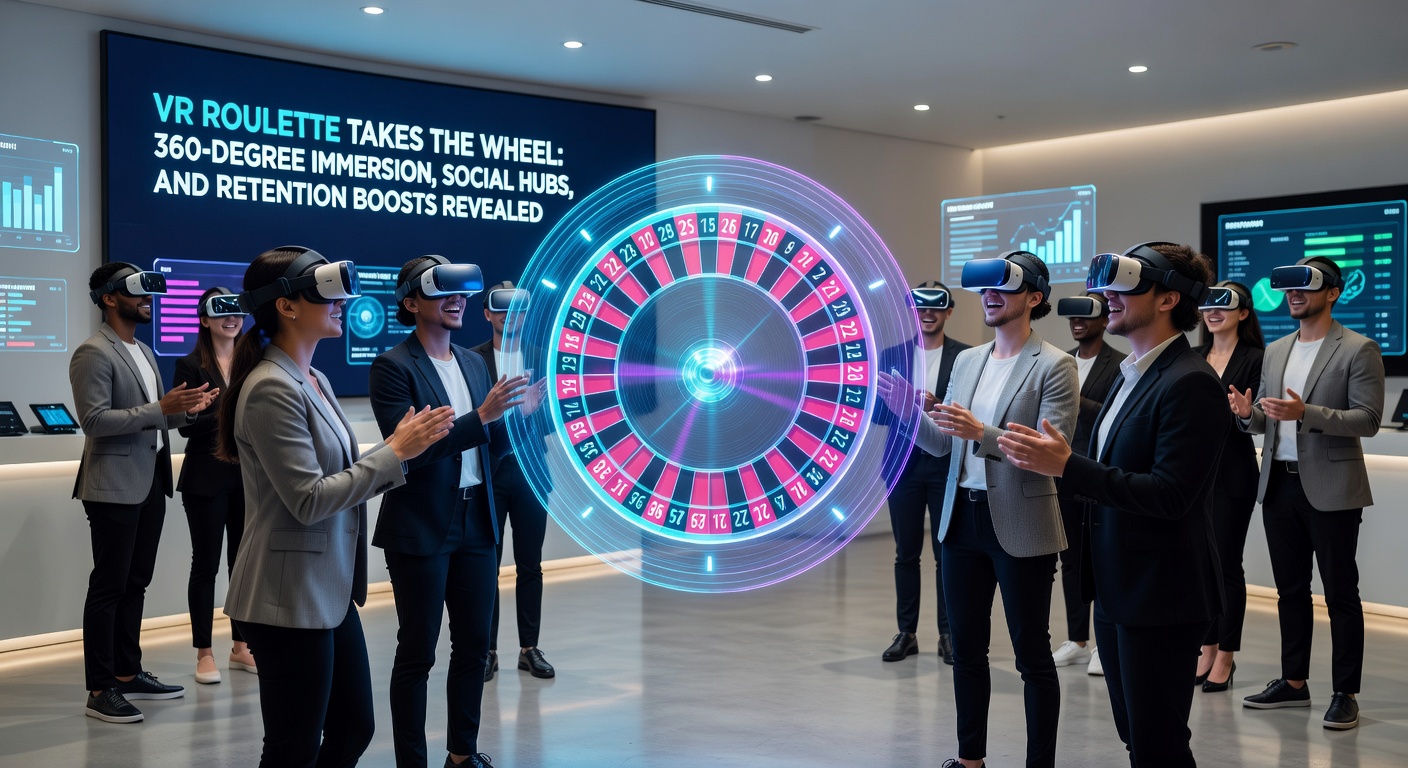 Virtuele realiteit roulette tafel met spelers in 360-graden omgeving, voelbaar immersief en sociaal