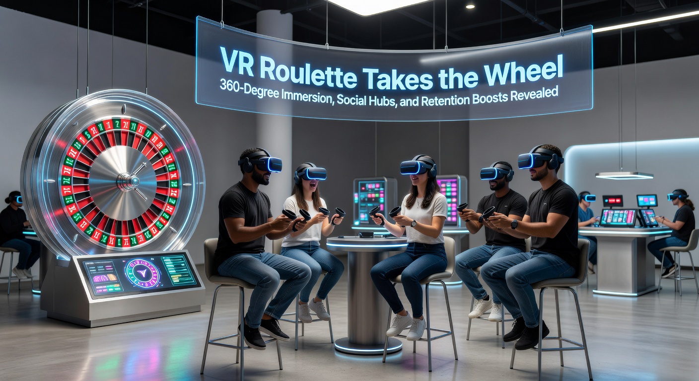 Groep avatars in VR sociale hub bij roulette, pratend en wedden in virtuele casino-omgeving