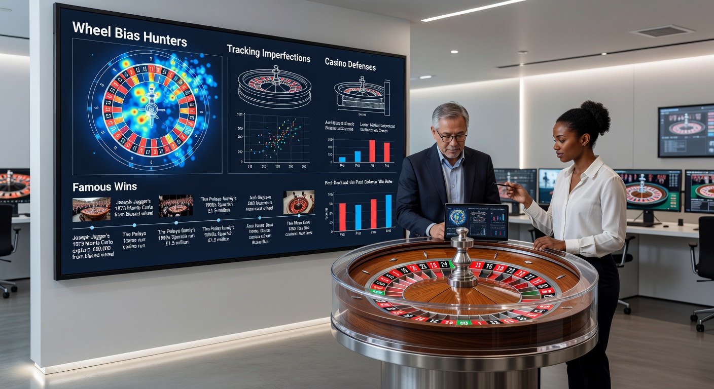 Moderne wheel bias analytici aan het werk met laptops en data-visualisaties bij een roulettewiel