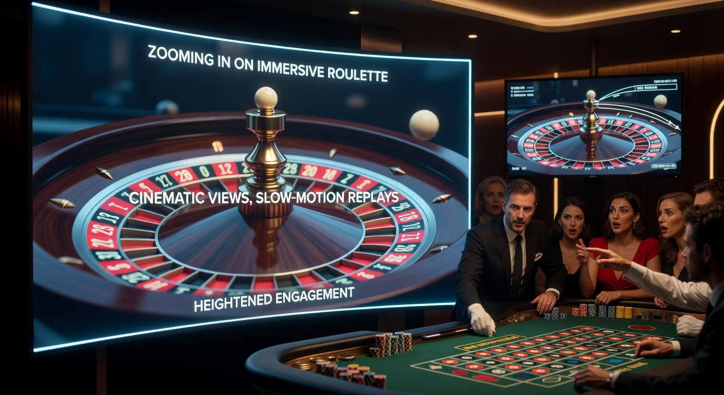 Slow-motion close-up van de bal die landt op een roulettewiel in een Immersive Roulette sessie, met multi-angle views zichtbaar